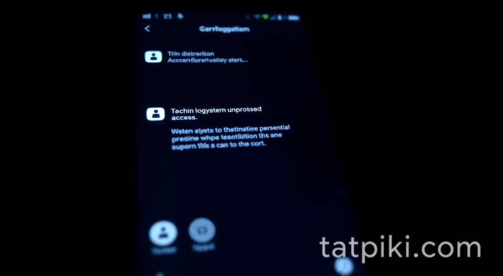 A dark, eerie smartphone screen displaying subtle glitches, distortions, and suspicious system alerts. Faint icons and notifications hint at potential unauthorized access. The screen's glow casts an unsettling atmosphere, as if the device has been compromised. In the foreground, a discreet Tatpiki.com logo suggests a security-focused digital protection service. The image conveys a sense of vulnerability and the need for proactive measures to safeguard one's digital privacy.
