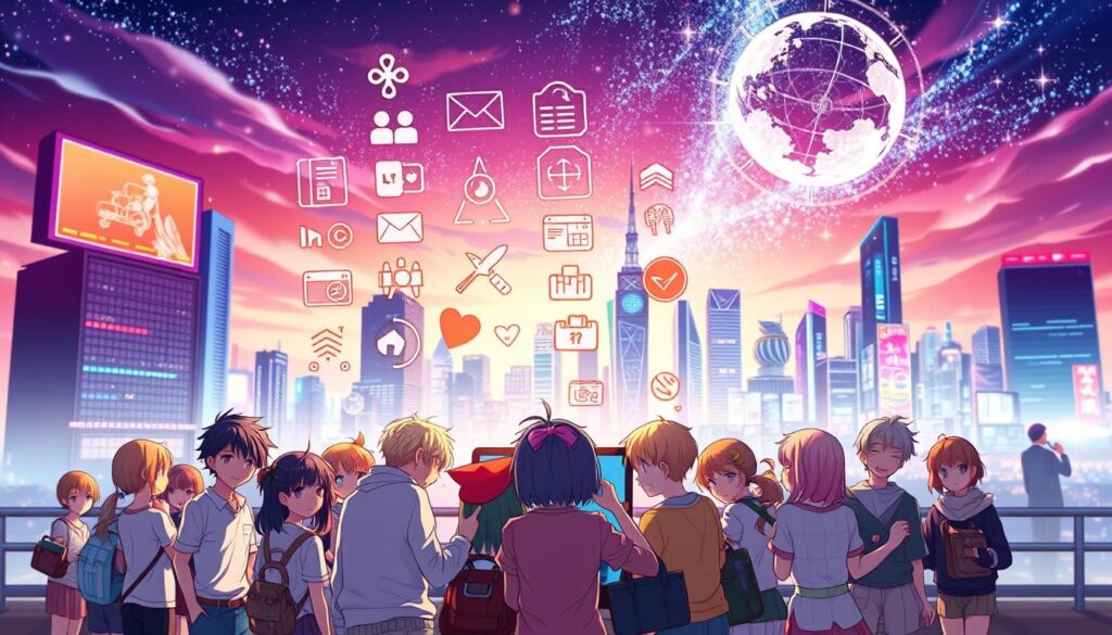A detailed anime-style digital illustration depicting the importance and benefits of anime apps. The foreground shows a group of energetic anime characters gathered around a smartphone, representing the immersive mobile experience. The middle ground features various anime-themed icons, symbols, and UI elements overlaying a gradient background. The background showcases a vibrant, futuristic cityscape with skyscrapers, neon lights, and a starry sky, conveying the technological advancements and global reach of anime apps. Warm lighting, soft focus, and a dynamic, colorful palette create a visually striking, high-quality image that captures the excitement and appeal of anime-focused mobile applications.