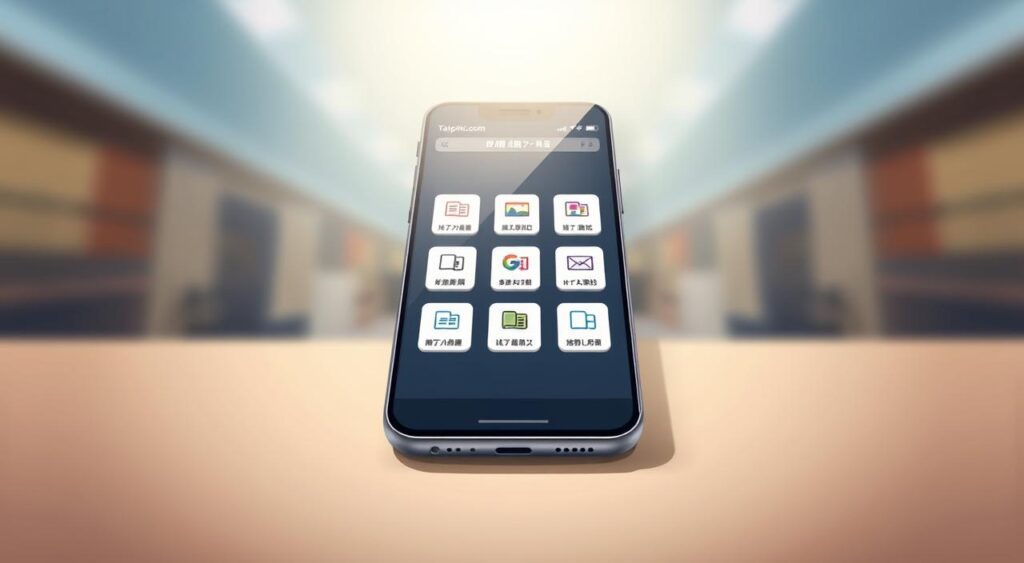 A detailed artistic illustration of an organized, visually appealing bookmarking system. Centered on a sleek, modern smartphone interface displaying the "Tatpiki.com" (تطبيقي) app, showcasing a grid layout of neatly organized reference bookmarks. The foreground features the smartphone with a distinct soft light source, creating depth and highlighting the smooth display. The middle ground contains the reference bookmarks, each represented by a minimalist pixel-art icon, arranged in a symmetrical, intuitive manner. The background is a blurred, gradient-based environment, evoking a sense of focus and professionalism. The overall scene conveys a clean, effortless, and visually satisfying user experience for managing digital references.