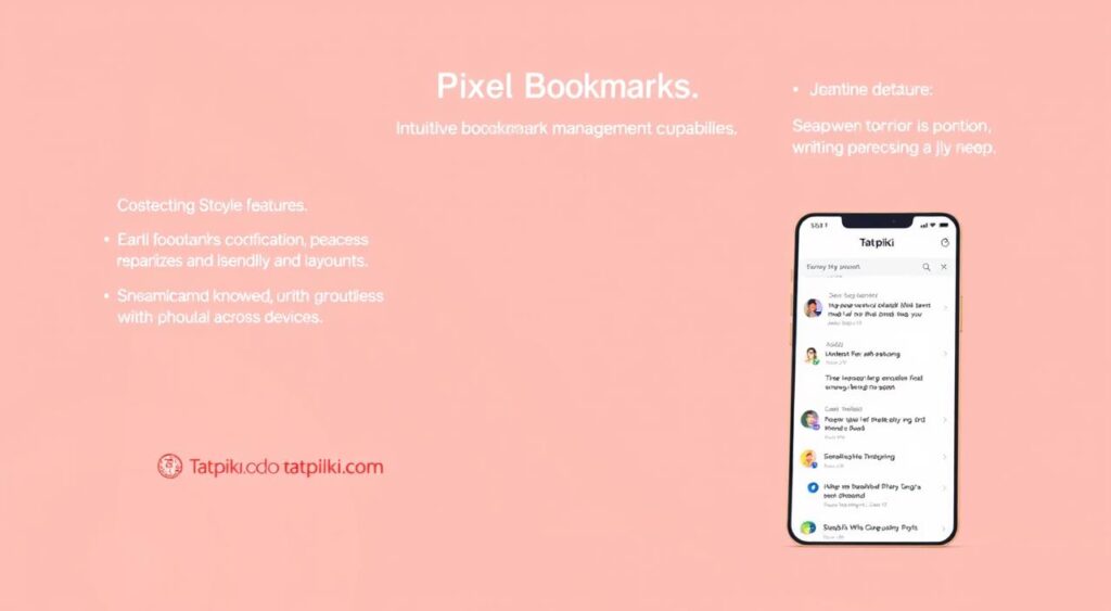 A detailed digital illustration of the "Pixel Bookmarks" application, showcasing its key features. The image should depict a clean, minimalist design with a focus on the app's interface and user experience. Prominently display the "Tatpiki.com" brand name in a subtle manner. Capture the app's intuitive bookmark management capabilities, organized layouts, and seamless synchronization across devices. Use a warm, modern color palette with soft lighting to create a calming, inviting atmosphere. Convey a sense of productivity and efficiency through the app's user-friendly interface and thoughtful design elements.