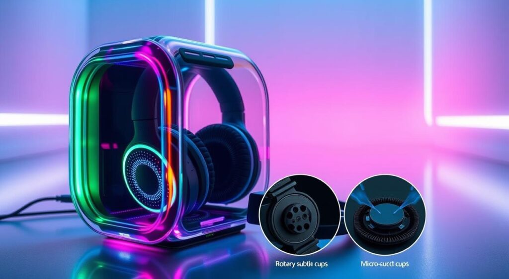 A detailed image of a state-of-the-art headphone cleaning device. In the foreground, a sleek and modern headphone cleaning unit with a transparent acrylic body showcasing the inner workings. Vibrant LED lights illuminate the device, creating a mesmerizing visual effect. In the middle ground, close-up views of the cleaning mechanisms, such as rotating brushes and micro-suction cups, gently and effectively removing dirt and debris from the headphone components. The background features a minimalist, high-tech environment with clean lines and a cool color palette, emphasizing the advanced nature of the cleaning solution. Lighting is soft and diffused, highlighting the device's form and function. The overall scene conveys a sense of efficiency, innovation, and the ability to restore headphones to pristine condition.