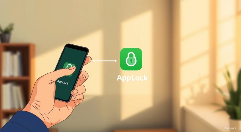 A detailed, step-by-step illustration of the mobile app installation process. In the foreground, a hand holding a smartphone with the app download screen shown. In the middle ground, the app icon and name "AppLock" are prominently displayed. In the background, soft blurred wallpaper textures create a clean, minimal aesthetic. Warm, natural lighting illuminates the scene, casting subtle shadows. The overall mood is simple, informative, and focused on the core aspects of the app installation experience.