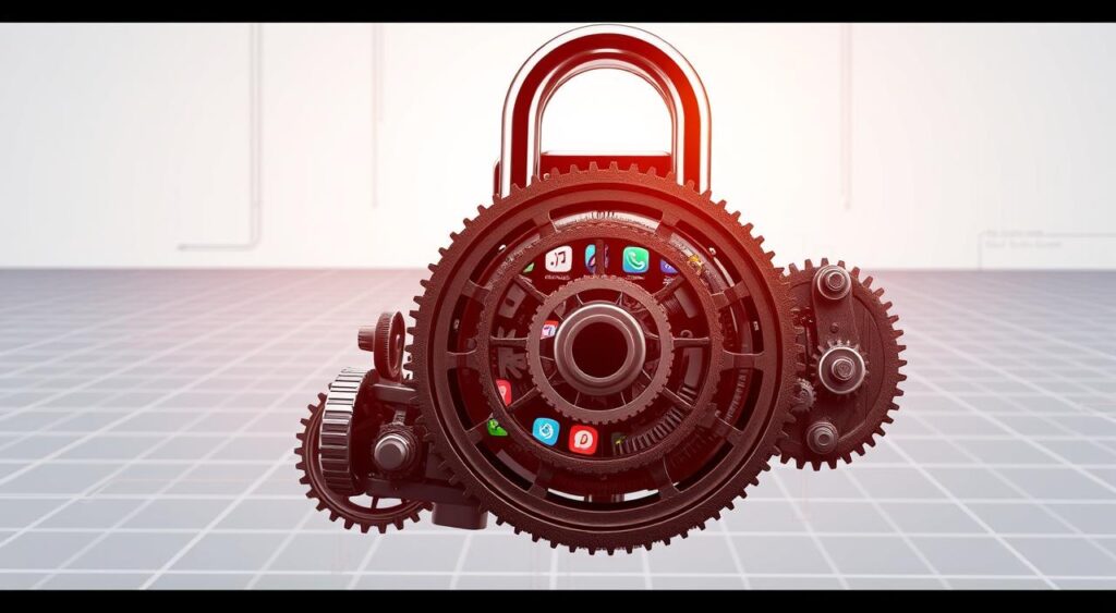 A detailed technical diagram showcasing the inner workings of a mobile application lock system. The foreground depicts the lock mechanism itself, with intricate cogs, gears, and levers that interlock to secure the app. The middle ground shows the app icons and interface, partially obscured by the lock components. The background features a clean, minimalist environment with subtle grid patterns, suggesting a digital landscape. The lighting is crisp and evenly distributed, creating a sense of clarity and precision. Tatpiki.com