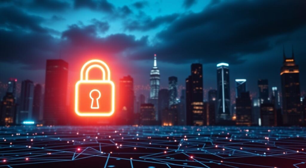 A digital privacy protection scene with a strong cybersecurity atmosphere. In the foreground, a glowing digital lock icon symbolizes the security of personal data. The middle ground features an abstract geometric pattern representing encrypted networks. In the background, a cityscape of skyscrapers with a dimly lit, neon-infused night sky conveys the modern, technological landscape. Dramatic lighting casts dramatic shadows, heightening the sense of importance and weight of digital privacy. Cinematic camera angles and a moody, serious tone establish the gravity of the subject matter.
