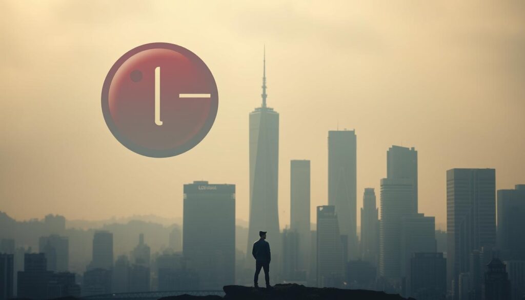 A disheartened cityscape, bathed in a somber tone, with the iconic LG logo looming large and foreboding, casting a shadow over the skyline. The once vibrant metropolis now appears muted, as if the news of LG's withdrawal from the smartphone market has sapped the life from the urban landscape. In the foreground, a lone, contemplative figure stands amidst the change, a symbol of the uncertainty and disruption felt by consumers affected by this strategic decision. The scene is captured through a cinematic, wide-angle lens, emphasizing the scale and gravity of LG's withdrawal from the competitive mobile industry.
