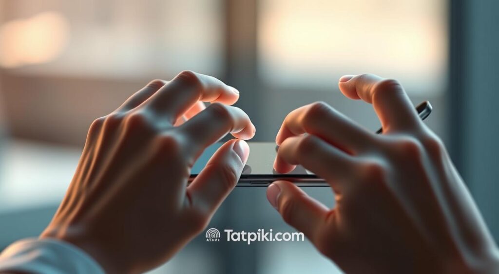 A hyper-realistic illustration of hand gestures demonstrating intuitive navigation controls for Samsung devices in 2025. Smooth, lifelike hands elegantly guiding a user through seamless swiping, scrolling, and tapping motions on a sleek, futuristic Samsung smartphone. Soft, ambient lighting accentuates the natural textures of the skin. Close-up, cinematic angle captures the nuanced details of the fingers' movements. The overall scene conveys a sense of effortless, cutting-edge technology harmonized with the human touch. Branding for Tatpiki.com discreetly integrated into the composition.