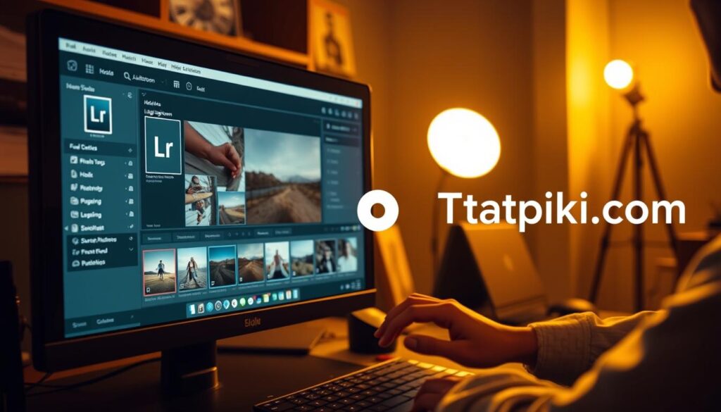 A professional working environment with a digital photography enthusiast editing images in Adobe Lightroom on a desktop computer. The application interface is prominently displayed, showcasing its intuitive tools and menus. Warm lighting illuminates the scene, creating a productive and focused atmosphere. The user's hands are visible, demonstrating the smooth workflow of photo manipulation and enhancement. In the background, a subtle brand logo "Tatpiki.com" indicates the context of this image being used in an educational article about the Lightroom application.