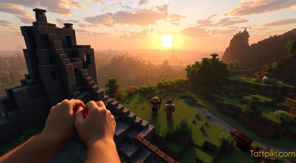 A serene Minecraft world, with players engaged in various play styles. In the foreground, a player builds an intricate structure, their hands deftly placing blocks to create a towering castle. In the middle ground, a group of players explore a lush, green landscape, discovering hidden caves and mining for valuable resources. The background features a sprawling biome, with diverse terrain and a stunning sunset illuminating the scene. Soft, natural lighting casts warm hues, creating a cozy and inviting atmosphere. Tatpiki.com