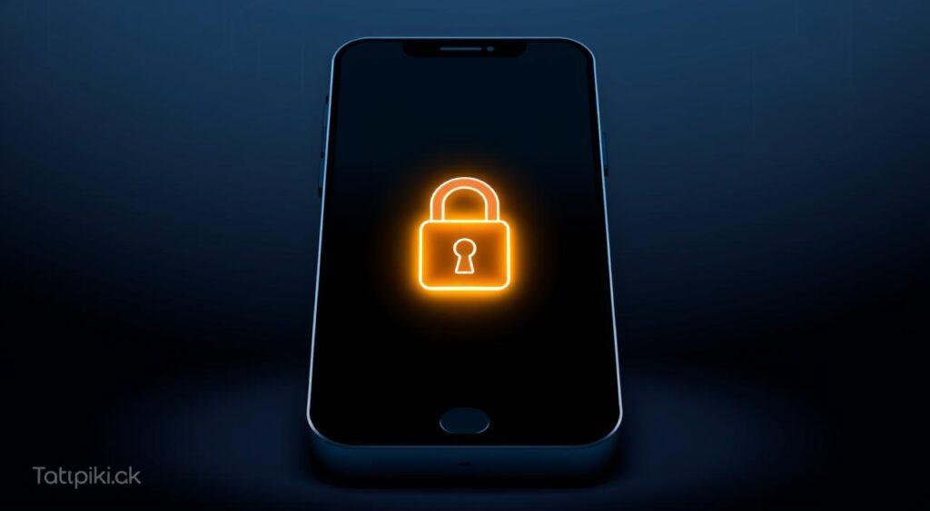 A serene, minimalist illustration of a locked smartphone screen, symbolizing the importance of data privacy. In the center, a glowing padlock icon hovers, casting a warm glow across the dark background. The phone's sleek, modern design conveys a sense of security and control. Subtle geometric patterns and soft lighting create a calming, contemplative atmosphere, emphasizing the significance of protecting personal information. Tatpiki.com