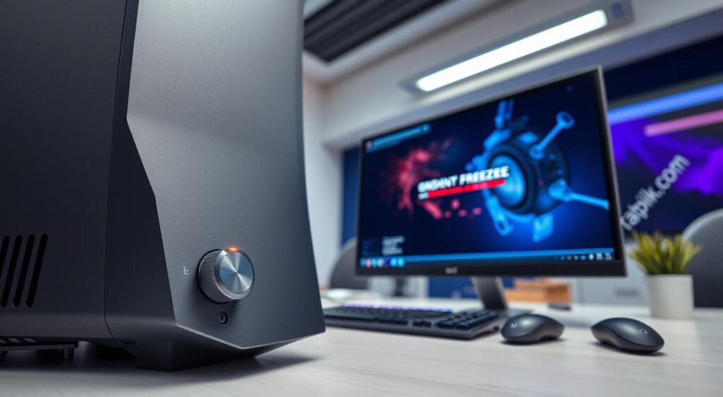 A sleek, high-end gaming PC setup with a focus on solving the issue of sudden game crashes. Elegant, minimalist design with a metallic gray color scheme. The scene features the computer's power button and various peripheral ports in the foreground, conveying the idea of troubleshooting and resolving unexpected game exits. The middle ground showcases the monitor displaying a game freeze or crash, with subtle glitches or visual artifacts. The background depicts a clean, professional office environment with task lighting and hints of the Tatpiki.com branding. Realistic textures, soft shadows, and a balanced, neutral color palette create an atmosphere of technical expertise and problem-solving. Tatpiki.com