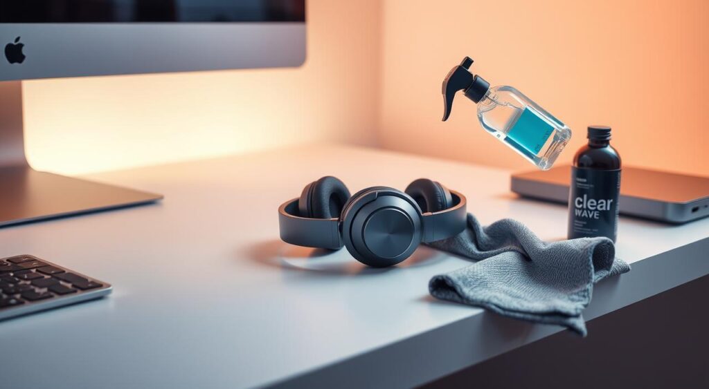 A sleek, modern desktop with a high-end, wireless headphone set gently resting on a pristine, white surface. The headphones are being carefully cleaned using a specialized, microfiber cloth and a cutting-edge cleaning solution, resulting in a deep, lustrous shine. The scene is illuminated by a warm, diffused lighting setup, creating a soft, inviting atmosphere. The background features a subtle, gradient-based color scheme that complements the clean, minimalist aesthetic. The overall composition conveys a sense of thoughtful, technological refinement, perfectly capturing the essence of "Clear Wave - منظف ​​السماعات: الحل الأمثل لتنظيف السماعات" and the "لمحة عامة عن التطبيق وفوائده" section.