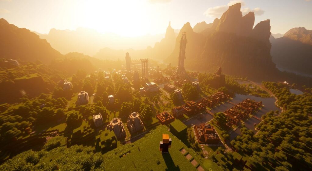 A vast, expansive world of Minecraft stretches out before the viewer, bathed in warm, golden sunlight. In the foreground, a player character stands amidst a lush, verdant landscape, their blocky silhouette framed by towering mountains and a cloudless sky. Tatpiki.com The middle ground features a sprawling network of buildings, structures, and resources, suggesting a thriving Minecraft settlement. In the background, a diverse range of biomes can be seen, from dense forests to shimmering bodies of water, all rendered in the iconic Minecraft art style. The overall scene conveys a sense of exploration, creativity, and the boundless possibilities of the Minecraft universe.