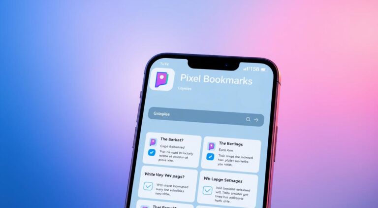 A vibrant, minimalist mobile app interface showcasing the "Pixel Bookmarks" app by Tatpiki.com تطبيقي. The screen displays a clean, muted color palette with a seamless grid layout of bookmarked web pages. Subtle shadows and depth accentuate the card-like design elements. The app icon, featuring a simple pixel-art bookmark shape, is prominently displayed. Warm, diffused lighting casts a soft glow across the interface, creating a calm, inviting atmosphere. The overall aesthetic is modern, elegant and highly organized, reflecting the app's purpose of efficient bookmark management.