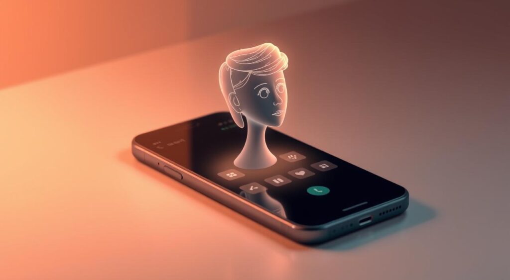 A visually captivating illustration of a perplexity voice assistant on an iPhone. Showcase a sleek, minimalist design with a holographic-like virtual assistant emerging from the device, casting a soft, ethereal glow. Capture the assistant's thoughtful, inquisitive expression, conveying a sense of attentive intelligence. Depict the iPhone in a neutral, muted color palette, placing the focus on the captivating virtual presence. Use warm, diffused lighting to create a welcoming, approachable atmosphere, inviting the user to engage with the assistant. Emphasize the seamless integration of the virtual assistant into the iPhone's interface, highlighting the intuitive and user-friendly experience.