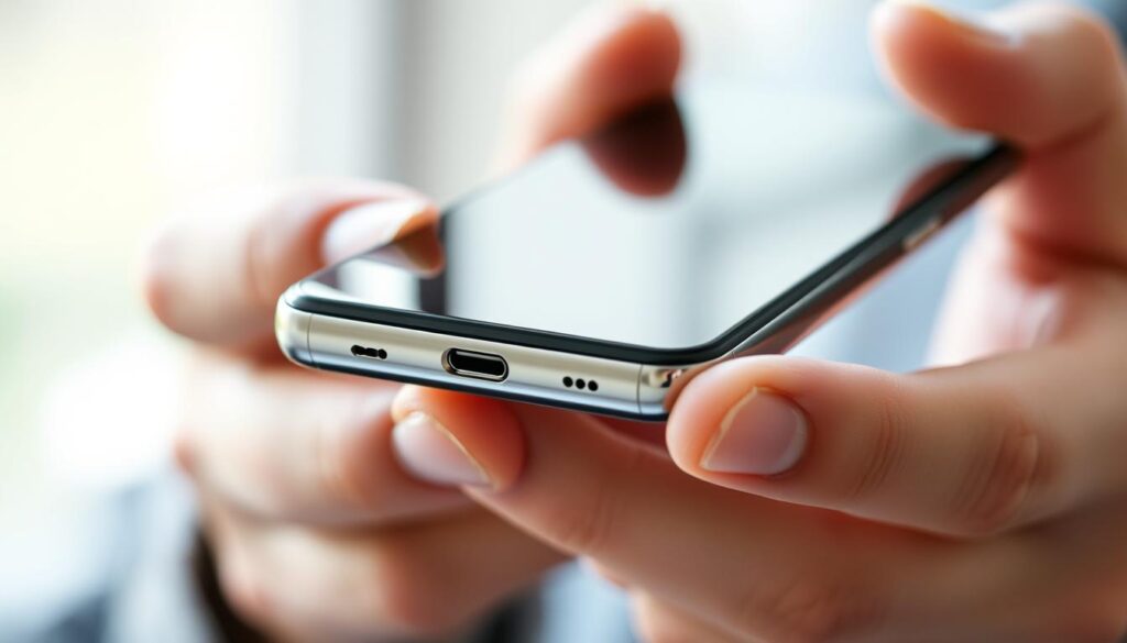 A close-up view of a person's hands carefully examining the screen and ports of a modern smartphone. The lighting is soft and natural, highlighting the intricate details of the device. The background is slightly blurred, creating a sense of focus on the task at hand. The overall atmosphere conveys a sense of thoughtful evaluation and assessment of the smartphone's performance and condition.