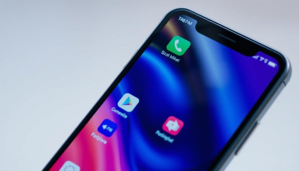 A close-up view of a smartphone screen, showcasing its various functions and features. The screen displays a vibrant and responsive user interface, highlighting the smooth performance and responsiveness of the device. The lighting is soft and diffused, creating a clean and modern aesthetic. The angle of the shot emphasizes the screen's centrality, drawing the viewer's attention to the phone's core capabilities. The image conveys a sense of efficiency and productivity, reflecting the ease with which the device can be used to accomplish everyday tasks.