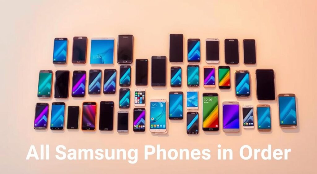 A comprehensive product lineup of Samsung smartphones, meticulously arranged in a visually striking display. The devices are presented against a clean, minimalist background, allowing each model to take center stage. Warm, directional lighting casts gentle shadows, accentuating the sleek designs and vibrant color schemes. The arrangement follows a logical, grid-like structure, guiding the viewer's eye through the full spectrum of Samsung's smartphone offerings. The overall composition conveys a sense of order, professionalism, and attention to detail, perfectly suited to illustrate the section on "All Samsung Phones in Order".