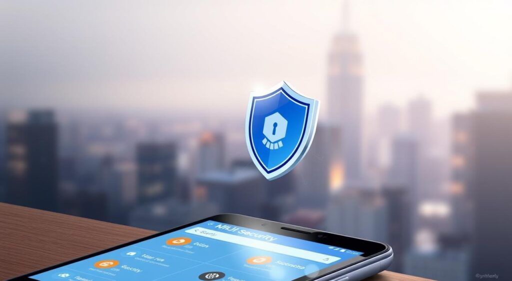 A detailed digital illustration showcasing the MIUI Security app protecting a Xiaomi smartphone. The foreground depicts the phone's screen, displaying the MIUI Security interface with various security options. In the middle ground, a protective shield or firewall icon hovers over the phone, symbolizing the app's virus protection capabilities. The background features a subtle, blurred cityscape, conveying a sense of modern technological sophistication. The lighting is soft and diffused, creating a clean, professional aesthetic. The composition is balanced, with the phone and security elements positioned centrally to draw the viewer's attention.