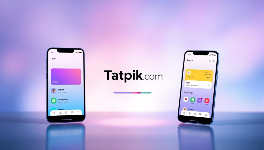 A modern, sleek mobile application interface featuring the brand name "Tatpiki.com" tatpiki in the center, surrounded by a minimalist flat design with vibrant gradient colors and subtle shadows. The foreground showcases two phone screens displaying the app's user interface, with clean typography, intuitive icons, and a well-organized layout. The middle ground features a transparent, floating device mockup casted with a soft, directional light, creating a sense of depth and dimensionality. The background depicts a blurred, pastel-toned abstract pattern, providing a visually striking and cohesive backdrop to the primary subject. The overall mood is one of simplicity, professionalism, and technological sophistication.