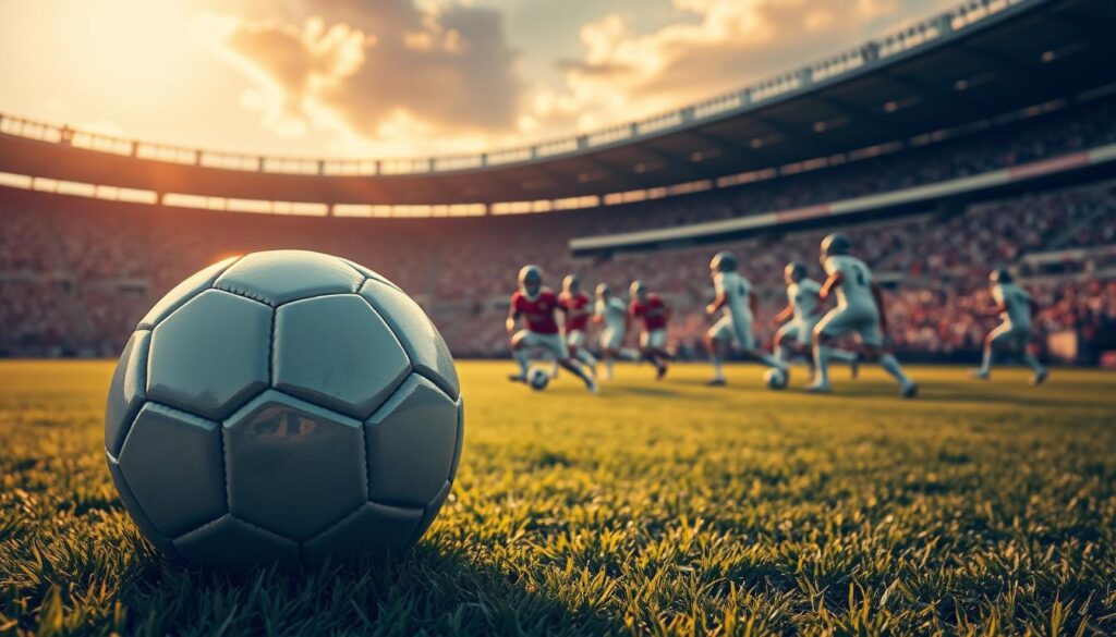 A pristine football (soccer ball) resting on a lush, well-manicured grass field, gently illuminated by warm, golden sunlight filtering through wispy clouds. The ball's surface reflects the surrounding environment, creating a sense of depth and realism. In the middle ground, a group of players in traditional football uniforms are engaged in a dynamic match, their movements captured in a blur of motion. The background features a stadium with towering grandstands, capturing the excitement and atmosphere of a professional football match. The overall scene conveys the passion, skill, and spectacle of the beloved sport of football (soccer).