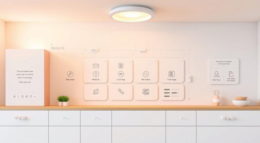 A user-friendly interface with a clean, intuitive design. Soft pastel colors and simple icons create a welcoming, approachable aesthetic. Thoughtfully organized menus and controls enable seamless navigation for novice users. Generous white space and clear visual hierarchy ensure the layout feels uncluttered and easy to comprehend at a glance. Warm lighting from a diffused, overhead source casts a gentle glow, enhancing the sense of accessibility. The perspective is slightly elevated, offering a birds-eye view that conveys a sense of clarity and control. An overall tone of simplicity and accessibility perfectly suits the needs of beginner users.