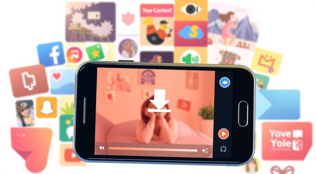 A vibrant and detailed illustration depicting the process of downloading video content. The foreground shows a smartphone screen with a video player interface, highlighting the key steps of the "video download" feature. The middle ground features various social media app icons, representing the diverse sources for video content. The background showcases a collage of popular video content genres, such as news, entertainment, and educational videos, with a warm, inviting color palette. The scene is illuminated by soft, diffused lighting, creating a modern and engaging visual aesthetic that captures the essence of the "Snaptube" app's video downloading capabilities.