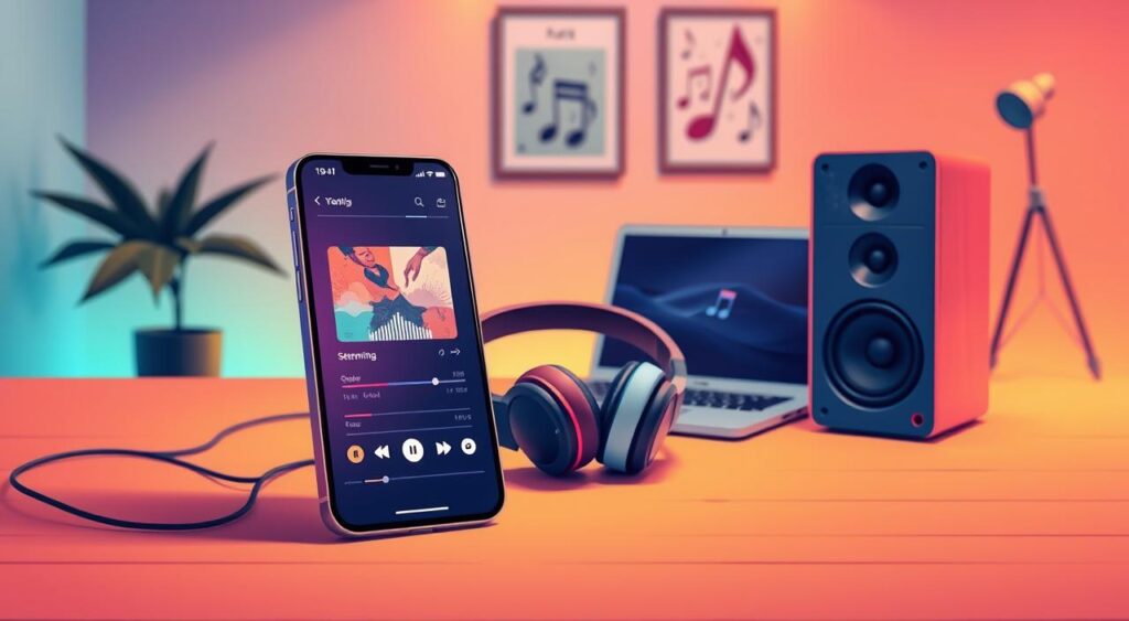 A vibrant illustration showcasing the process of downloading music and audio clips. In the foreground, a sleek smartphone displays a music streaming app interface, its screen glowing with album art and equalizer visualizations. In the middle ground, a pair of high-quality headphones and a pair of speakers symbolize the various audio playback options. The background depicts a modern, minimalist workspace, with a laptop, a music-themed wall art, and a cozy ambiance created by warm, indirect lighting. The overall scene conveys the ease and enjoyment of accessing a wide range of audio content on the go or in a personal space.