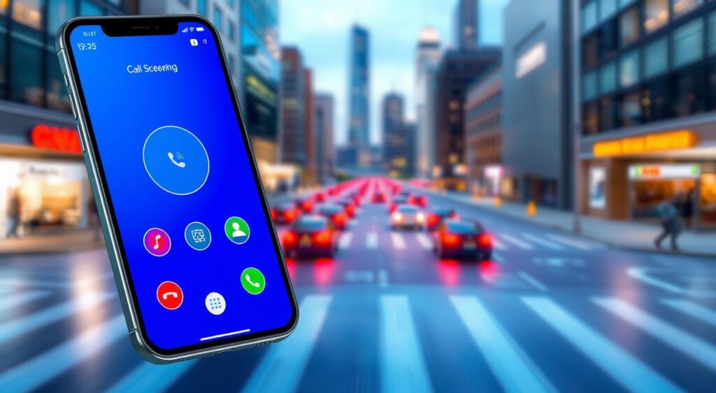 An immersive digital illustration of a secure call protection app interface. A modern, sleek mobile screen in the foreground displays call screening features and call blocking controls. In the middle ground, detailed UI elements like contact profiles, call history, and settings menus are rendered with a high level of fidelity. The background depicts a blurred cityscape, conveying the app's utility in a fast-paced, connected world. The overall composition evokes a sense of digital safety and user empowerment, fitting the "Truecaller" brand and the article's focus on call security.