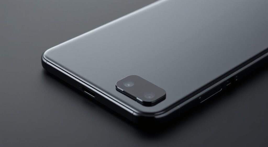 Detailed close-up view of the sleek, premium exterior design of the Samsung A15 smartphone. Smooth, high-gloss black metal chassis with subtly curved edges, complemented by a minimalist, flush camera module. Precise attention to detail in the seamless construction, with a matte-finished aluminum frame that reflects the light subtly. Captured under soft, directional studio lighting to highlight the elegant, high-quality craftsmanship of the device's outer shell. Staged on a plain, dark surface to isolate the product and emphasize its premium, well-engineered industrial design.
