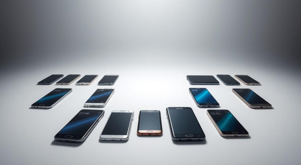 Evolution of Samsung Phones - A Retrospective Showcase: A high-resolution, wide-angle photograph depicting the progression of Samsung's smartphone design over the years. In the foreground, lay a series of Samsung Galaxy models from different eras, showcasing the gradual refinement of their iconic aesthetics, from the early candybar forms to the sleek, curved-edge flagships of today. The middle ground features a clean, minimalist background, allowing the phones to take center stage. Subtle lighting from above casts gentle shadows, highlighting the distinctive shapes and textures of each device. The overall mood is one of technological advancement, with a sense of Samsung's design legacy and innovation. The image should convey a comprehensive visual narrative of the brand's smartphone evolution, serving as an informative and visually engaging representation of the section's topic.