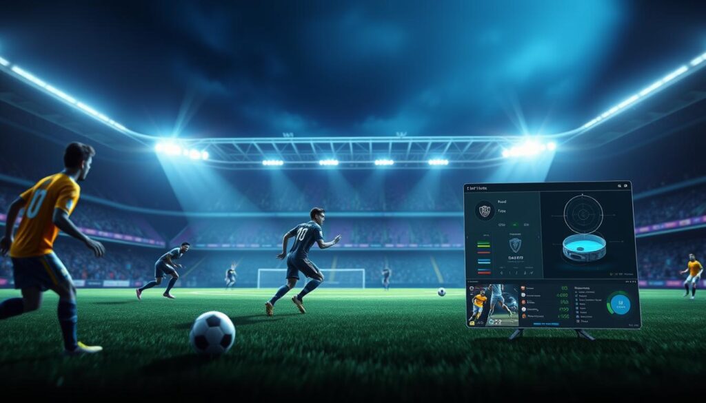 High-quality digital illustrations of advanced soccer game features in a modern, stylized visual presentation. Vibrant foreground depicts detailed player models, dynamic gameplay, and advanced tactical maneuvers. Midground showcases sleek, futuristic user interface elements and menus. Soft-focused background features a dimly-lit soccer stadium with dramatic lighting, creating an immersive, cinematic atmosphere. Subtle color palette of blues, greens, and metallics conveys a sense of technological sophistication. Rendered with a smooth, photorealistic style using a medium-wide camera angle to capture the scale and grandeur of the scene.