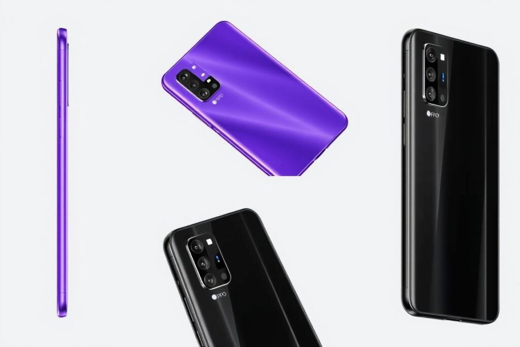 تصميم هاتف Oppo A78 5G من زوايا مختلفة يظهر الألوان المتدرجة والتشطيبات الأنيقة