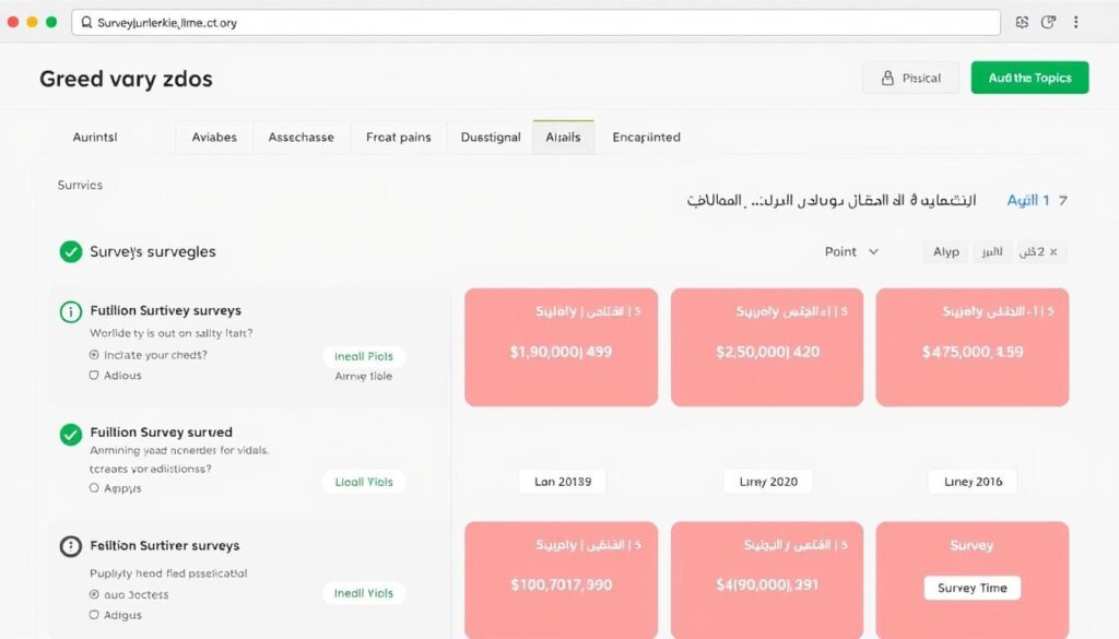 لوحة تحكم Survey Junkie تظهر قائمة الاستطلاعات المتاحة مع قيمة النقاط لكل استطلاع لوحة تحكم Survey Junkie تظهر قائمة الاستطلاعات المتاحة مع قيمة النقاط لكل استطلاع