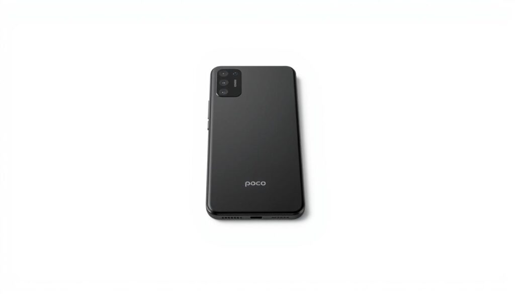 هاتف Poco M6 Pro باللون الأسود يعرض تصميمه الأنيق والشاشة الكبيرة