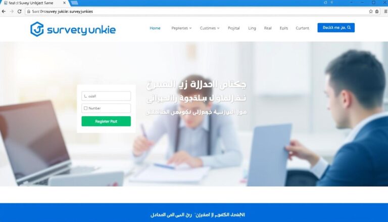 واجهة موقع Survey Junkie الرئيسية تظهر شعار المنصة وخيارات التسجيل