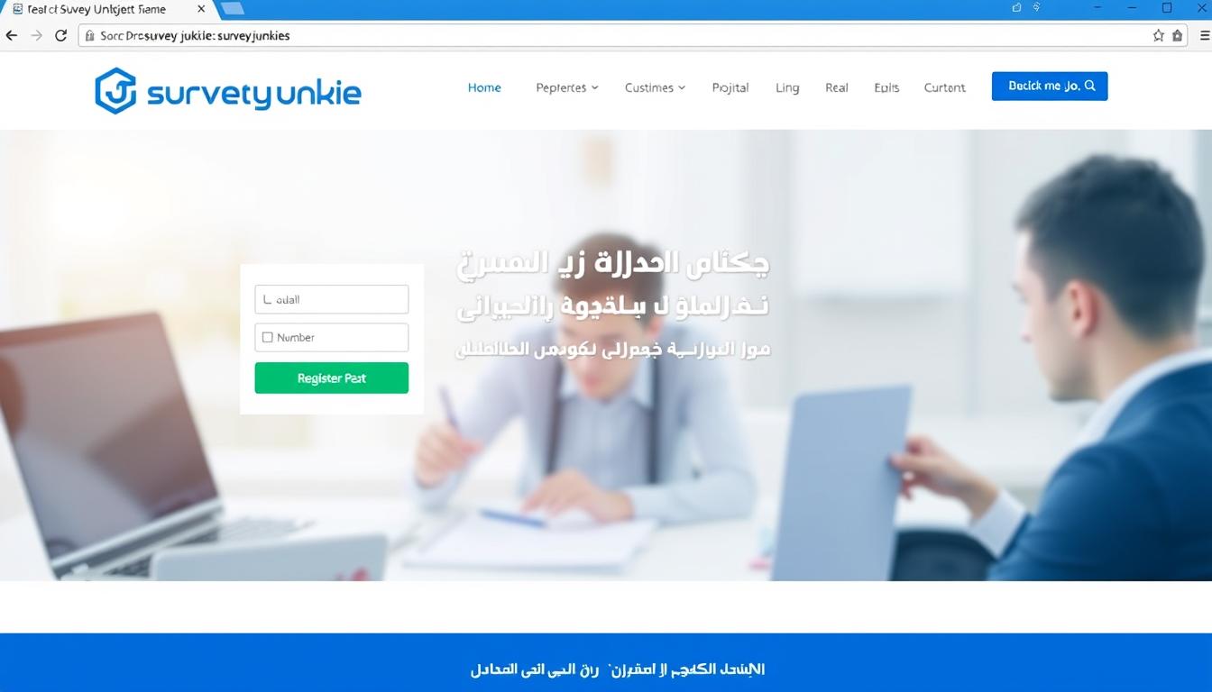 واجهة موقع Survey Junkie الرئيسية تظهر شعار المنصة وخيارات التسجيل