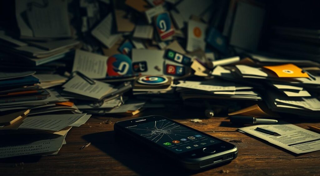 A cluttered digital workspace, files and tabs scattered haphazardly, symbolizing the chaos and frustration of an abandoned Pocket app. Dim, moody lighting casts long shadows, evoking a sense of neglect. The foreground features a forgotten mobile device, its screen cracked, representing the app's demise. In the middle ground, a tangle of browser windows and application icons crowd the frame, alluding to the need for alternative solutions. The background fades into a blurred, uncertain future, reflecting the uncertainty faced by Pocket users. An atmosphere of digital disarray and the quest for better pocket-friendly alternatives permeates the scene.