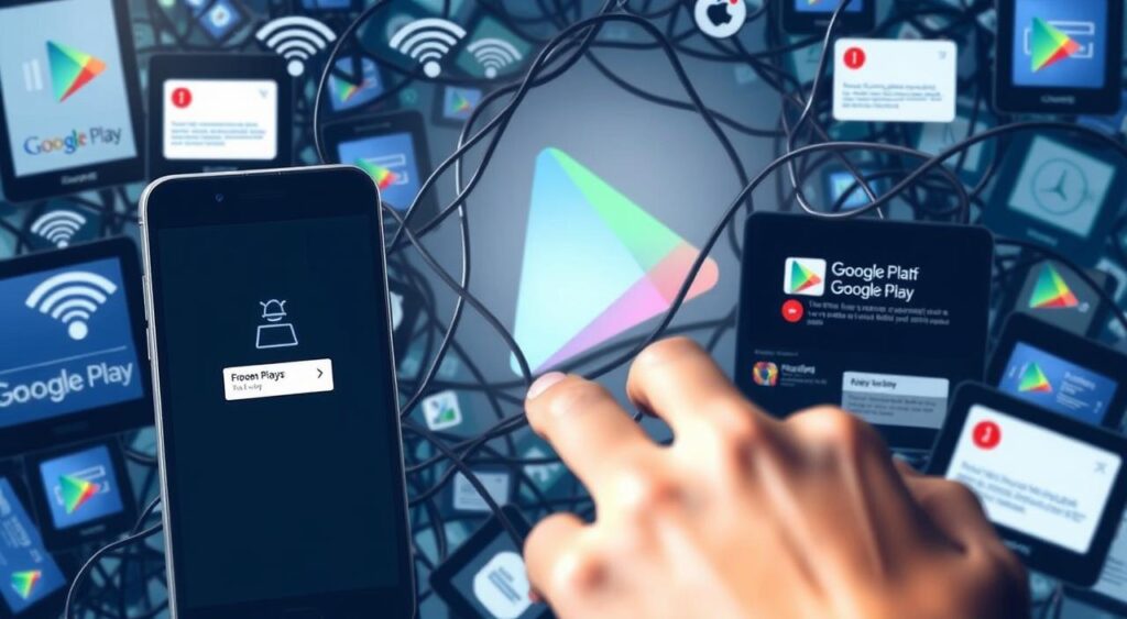 A complex web of mobile device screens, Wi-Fi signals, and software glitches, depicting the common issues faced when trying to download apps from the Google Play Store. The foreground shows a confused user tapping at a frozen app download screen, while the middle ground features a tangled mess of network cables and security alerts. In the background, a stylized Google Play Store logo appears hazy and out of focus, symbolizing the frustration of the download process. The lighting is soft and diffused, creating an atmosphere of digital uncertainty. The overall composition aims to visually represent the "مشاكل تحميل التطبيقات" (app download problems) that the article seeks to address.