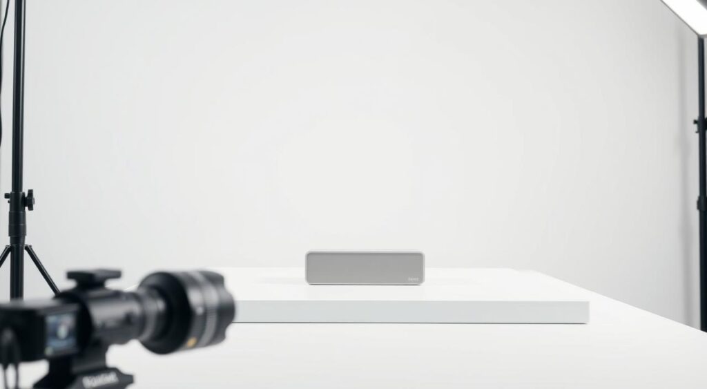 A highly detailed, professionally lit and photographed product photography setup. A medium-sized product is displayed on a white table with a soft, diffused lighting setup, creating an even, shadowless illumination. The background is a seamless white cyclorama, creating a clean, minimalist scene. The camera is positioned at a low angle, capturing the product from a slightly elevated perspective to showcase its form and details. The depth of field is shallow, keeping the product in sharp focus while softening the background. The overall mood is one of simplicity, clarity and high-end commercial quality.
