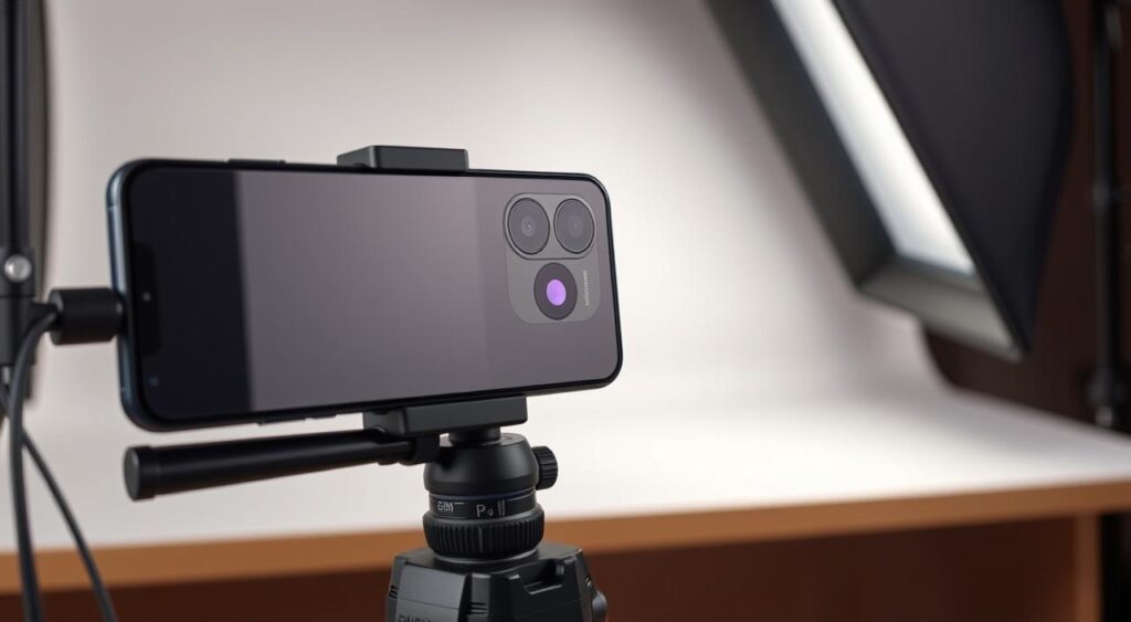 A professional-grade smartphone photography setup. A modern, high-end smartphone camera with a sleek, premium design. The camera module features a multi-lens array, including a powerful telephoto lens, a wide-angle lens, and a high-resolution primary sensor. The phone is held steadily by a sturdy, adjustable tripod, allowing for crisp, blur-free shots. Ambient lighting is carefully controlled, with a softbox providing even, diffused illumination. The scene is composed to highlight the phone's advanced camera capabilities, showcasing its ability to capture stunning, high-quality images with a variety of lenses and settings. The overall atmosphere is one of technical excellence and creative potential, inviting the viewer to explore the power of smartphone photography.