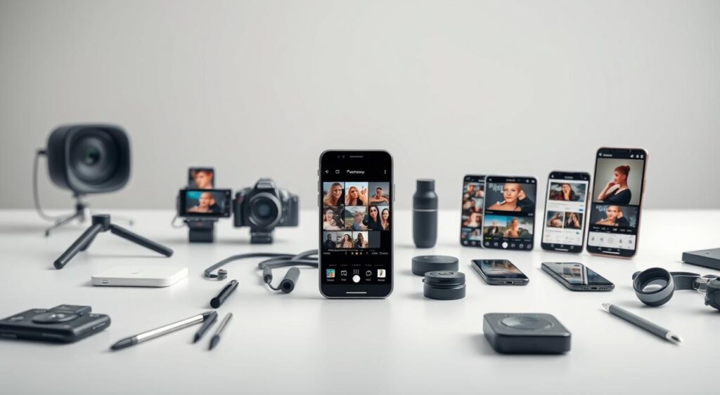 A professional portrait photography setup showcasing a variety of high-quality photo editing apps for smartphones. The scene features an elegantly designed smartphone in the foreground, surrounded by various digital tools and UI elements corresponding to image manipulation features like color correction, layers, filters, and effects. The middle ground is filled with a minimalist workspace with clean lines and neutral tones, creating a modern, tech-savvy ambiance. The background subtly blurs out, drawing the viewer's attention to the smartphone and the powerful photo editing capabilities it represents. Soft, directional lighting accentuates the sleek, premium aesthetic of the device and the sophisticated nature of the digital tools.