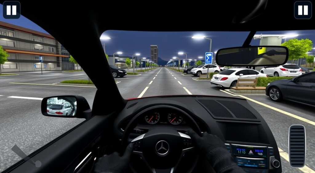 A realistic image of a player's perspective while driving and parking a car in the Car Parking Multiplayer game. The scene depicts a well-lit, modern parking lot with clear directional signage and detailed surroundings, such as buildings, trees, and other vehicles. The player's car is prominently featured in the foreground, with the steering wheel, dashboard, and driver's view visible. The game's interface elements are seamlessly integrated, creating an immersive and authentic gaming experience. The overall atmosphere conveys a sense of realism, attention to detail, and the challenges of maneuvering a vehicle in a crowded parking environment.