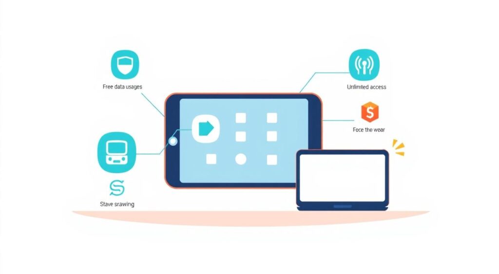 A vibrant and clean-looking illustration showcasing the key features of a free internet app for mobile devices. The composition has a balanced, minimalist layout with simple geometric shapes and icons arranged in an organized manner against a neutral background. The icons should visually represent essential app functionalities such as free data usage, unlimited access, secure browsing, and seamless connectivity. The overall mood is bright, modern, and tech-savvy, conveying the convenience and value of the free internet app.