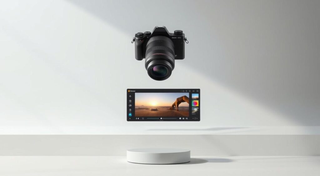 An advanced AI-powered photography application set against a sleek, minimalist backdrop. In the foreground, a cutting-edge camera hovers, its lens poised to capture stunning images with the aid of sophisticated algorithms. The middle ground showcases a suite of intuitive editing tools, allowing users to refine their shots with precision. In the background, a display showcases the app's intelligent features, from object recognition to scene optimization, all designed to elevate the art of photography. Soft, diffused lighting creates an atmosphere of sophistication and technological prowess, inviting the viewer to explore the seamless integration of human creativity and artificial intelligence.
